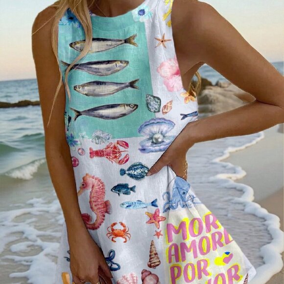 Mauve Purple Casual Boho Women's Tropical Beachwear Print Dress - Picture 1 of 5